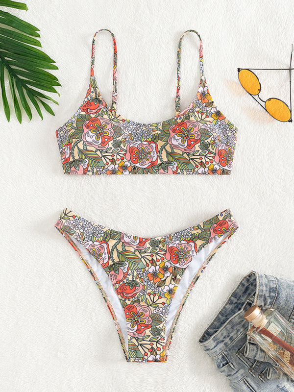 Retro Floral Tube Top Bikini – High-Waisted Bottoms, Moderate Stretch