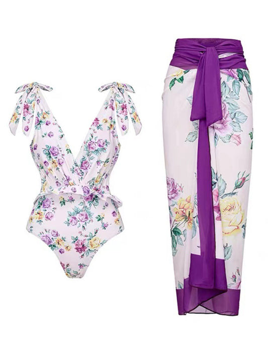 Floral Print One-Piece Swimsuit – Sexy Knit Design with Slight Stretch
