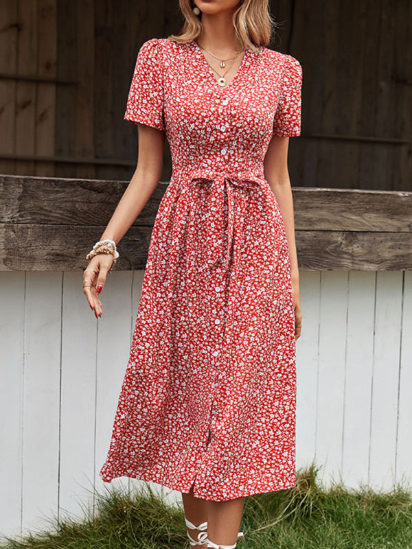 Women's V-Neck Floral Slit Dress – Short Sleeves, Lightweight, Spring Style