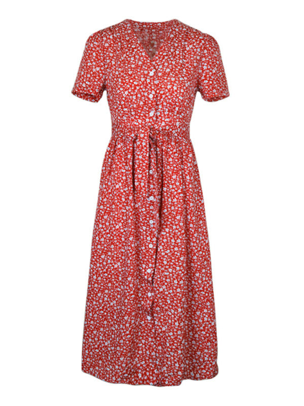 Women's V-Neck Floral Slit Dress – Short Sleeves, Lightweight, Spring Style