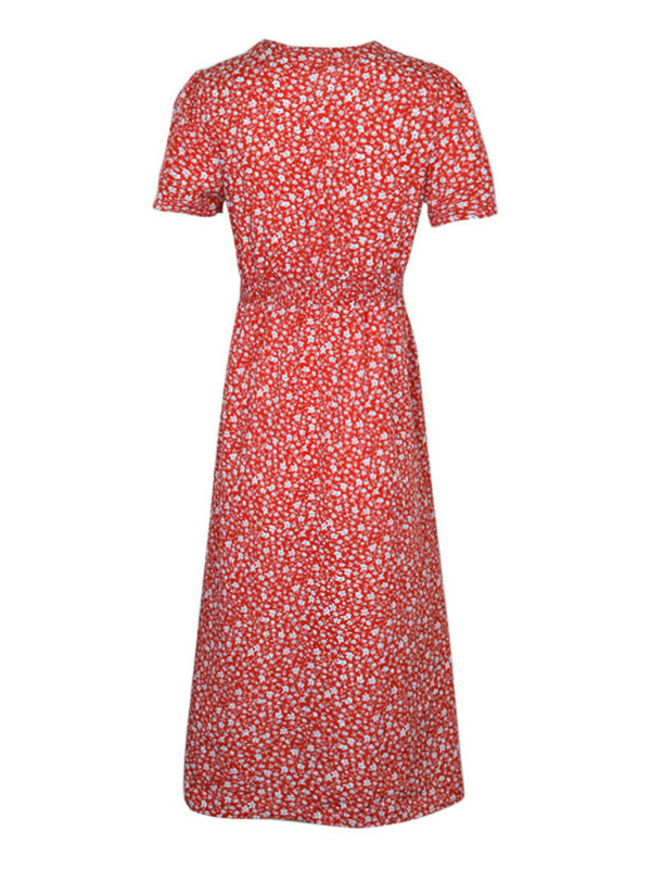 Women's V-Neck Floral Slit Dress – Short Sleeves, Lightweight, Spring Style