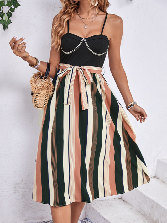 Striped Patchwork Suspender Midi Dress – Woven Sleeveless Spring Style