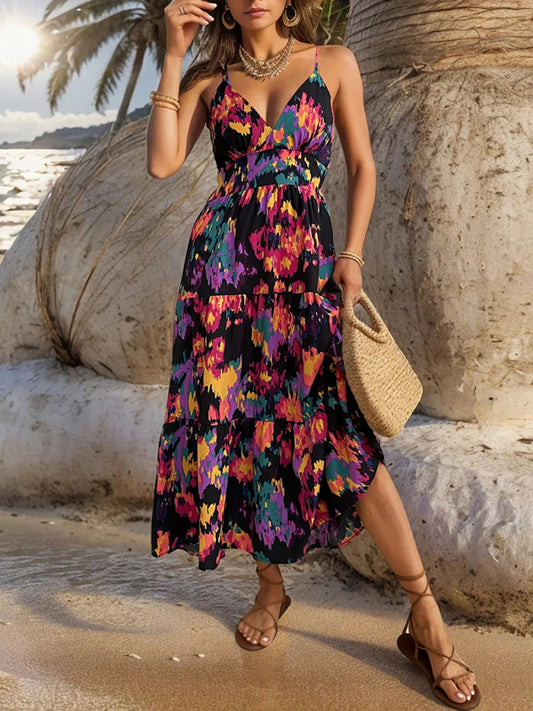 Printed A-Line Backless Maxi Dress – Slit Hem & Suspender Straps
