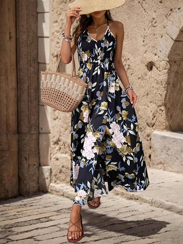 Floral Strapless A-Line Maxi Dress – Backless with Side Slit