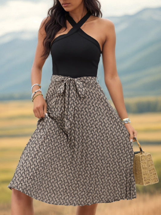 Color Block Halter Neck Midi Dress