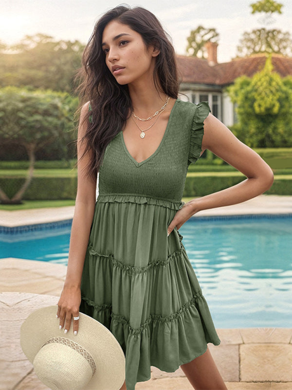 V-Neck Ruffle Hem Dress in Olive Green – Feminine & Flowy Rayon Style
