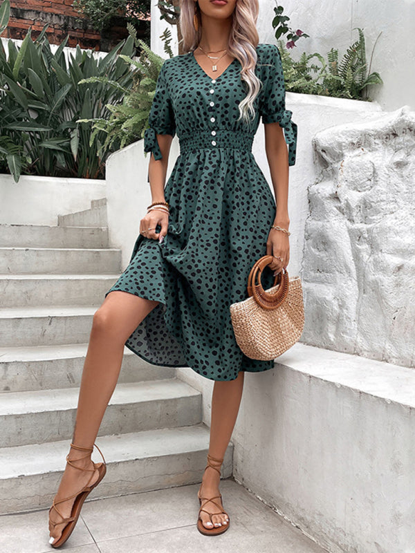 Leopard Print Short Sleeve Dress – Waist Cinching, Lightweight, Spring Style