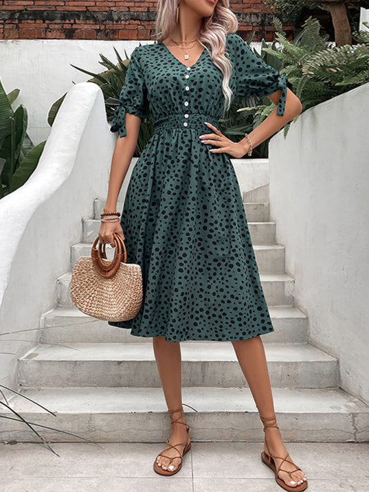 Leopard Print Short Sleeve Dress – Waist Cinching, Lightweight, Spring Style