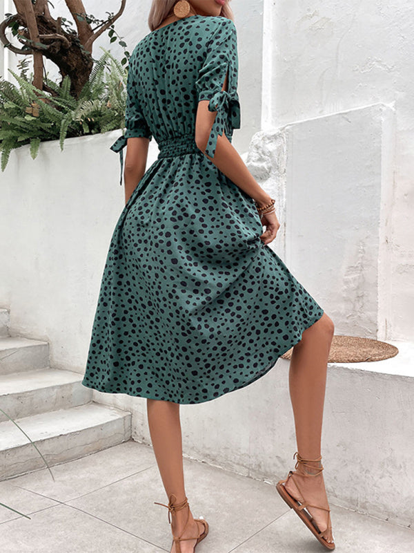 Leopard Print Short Sleeve Dress – Waist Cinching, Lightweight, Spring Style