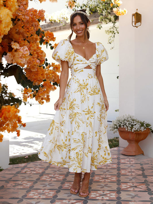 Slim Fit Floral Puff Sleeve Swing Dress – Lightweight & Boho Chic