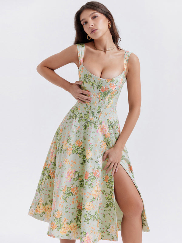 Floral Slit Maxi Dress – Slim Fit, Boho Style with Spaghetti Straps