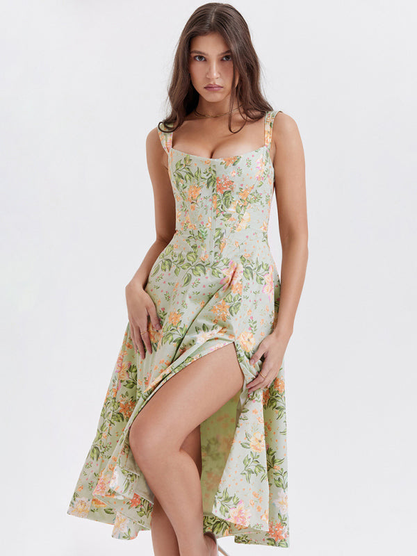 Floral Slit Maxi Dress – Slim Fit, Boho Style with Spaghetti Straps