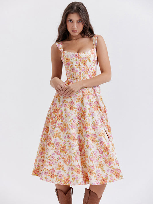 Floral Slit Maxi Dress – Slim Fit, Boho Style with Spaghetti Straps
