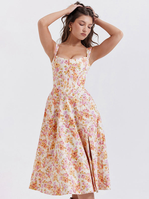 Floral Slit Maxi Dress – Slim Fit, Boho Style with Spaghetti Straps