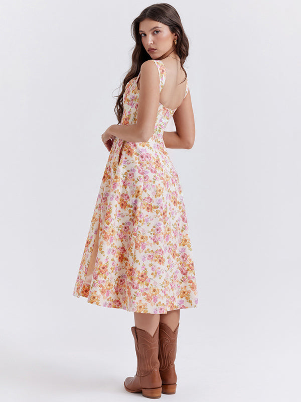 Floral Slit Maxi Dress – Slim Fit, Boho Style with Spaghetti Straps