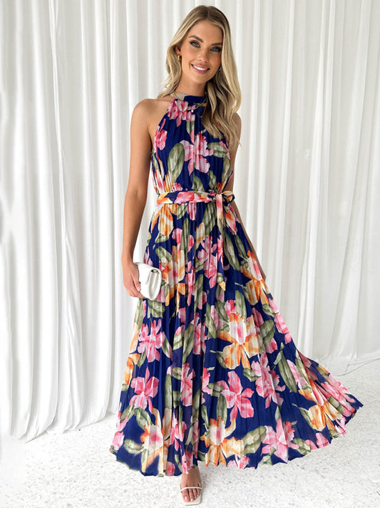 Boho Halterneck Sleeveless Vacation Swing Dress – Self Pattern, Flowy Fit