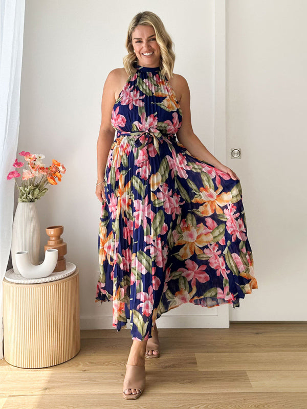 Boho Halterneck Sleeveless Vacation Swing Dress – Self Pattern, Flowy Fit