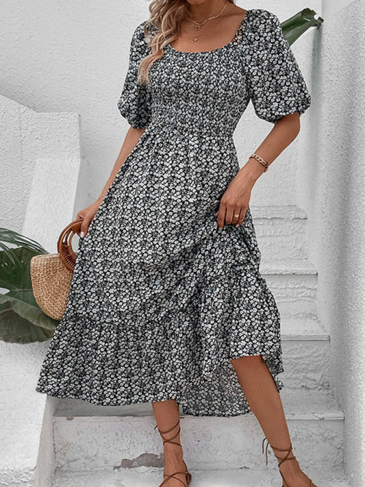 Retro Floral Midi Dress – Spring Summer Woven Elegance
