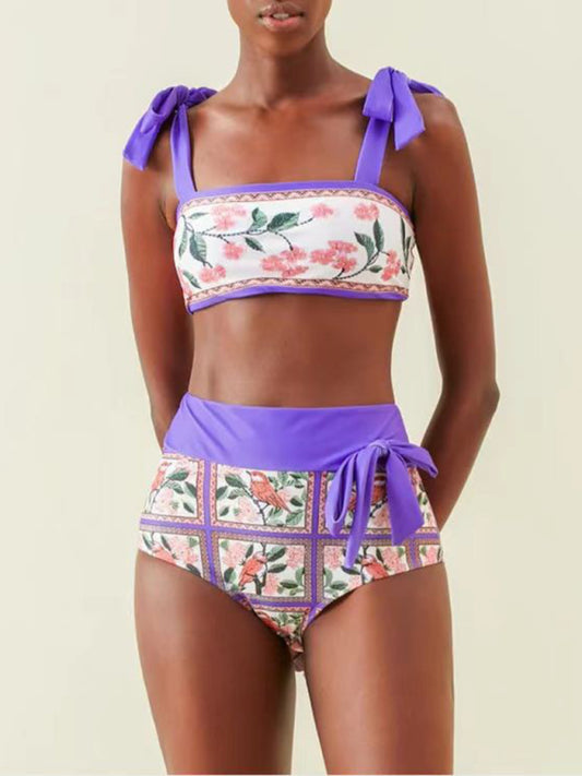 Colorblock Printed 3-Piece Swimsuit Set – High Elasticity & Beach Cover-Up