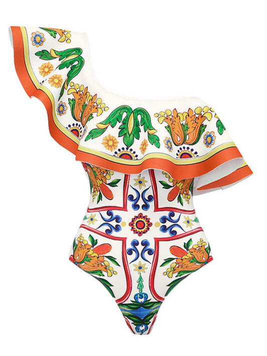 Ruffled Floral Print Swimsuit – High Elasticity & Resort Style
