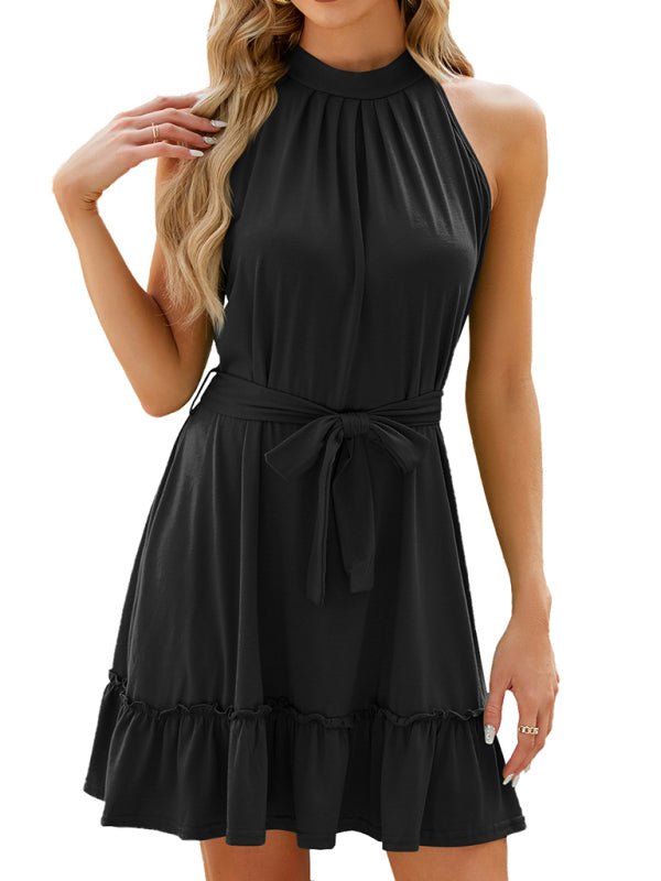Pleated Sleeveless Halter Neck Midi Dress – Solid Color, Elegant Summer Style
