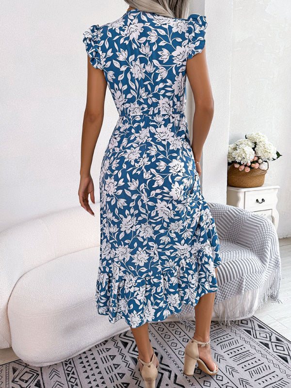 Sleeveless V-Neck Floral Dress with Waistband – Casual Midi Holiday Style