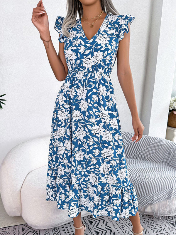 Sleeveless V-Neck Floral Dress with Waistband – Casual Midi Holiday Style