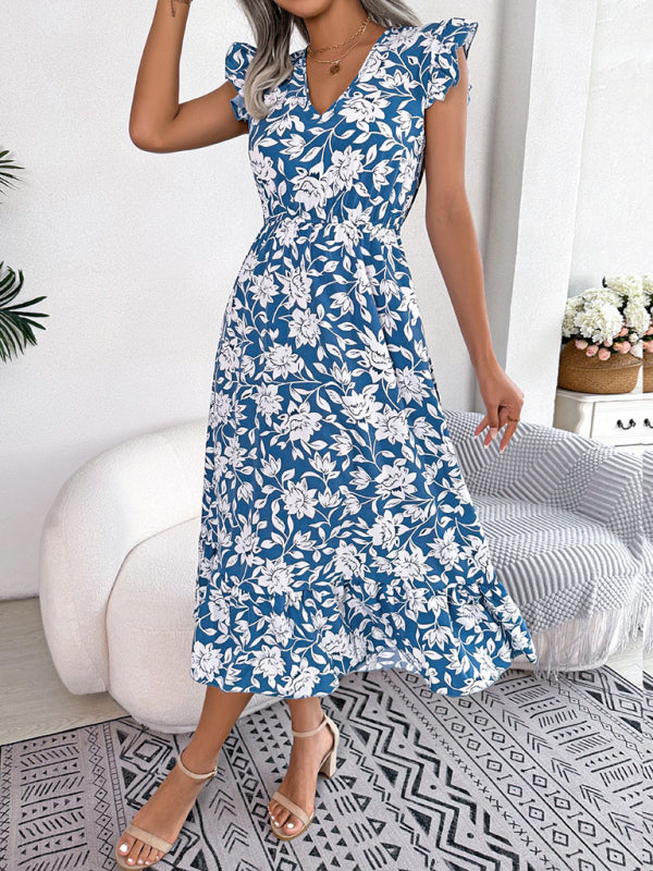Sleeveless V-Neck Floral Dress with Waistband – Casual Midi Holiday Style