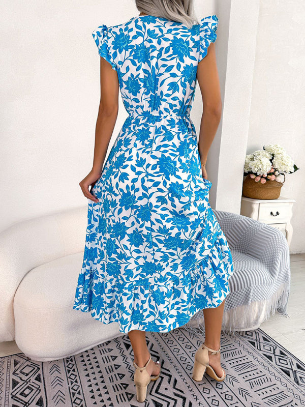 Sleeveless V-Neck Floral Dress with Waistband – Casual Midi Holiday Style