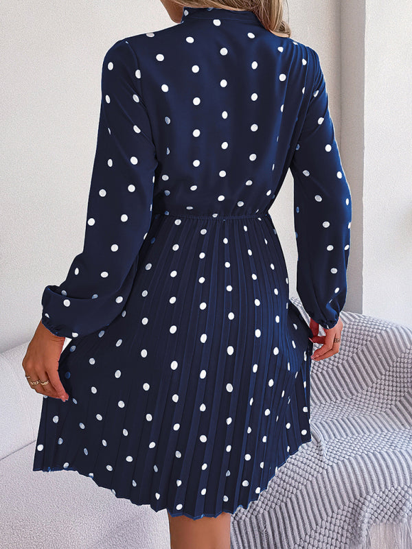 Polka Dot Long-Sleeve Pleated Dress – Lace-Up Waist, Elegant Midi Style
