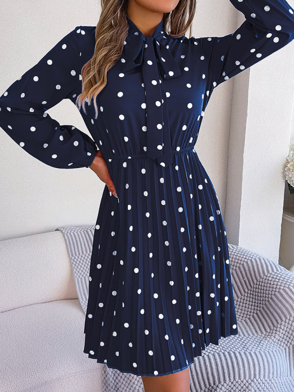 Polka Dot Long-Sleeve Pleated Dress – Lace-Up Waist, Elegant Midi Style