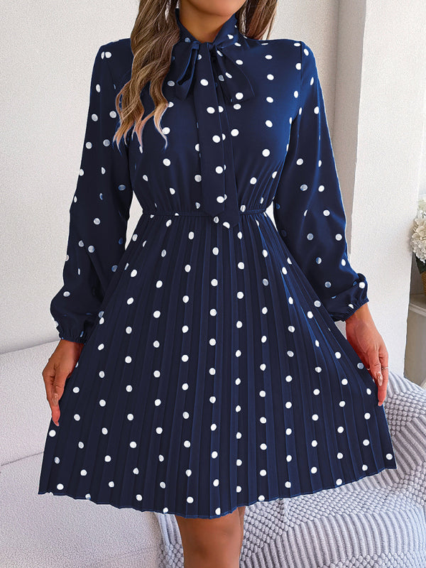 Polka Dot Long-Sleeve Pleated Dress – Lace-Up Waist, Elegant Midi Style