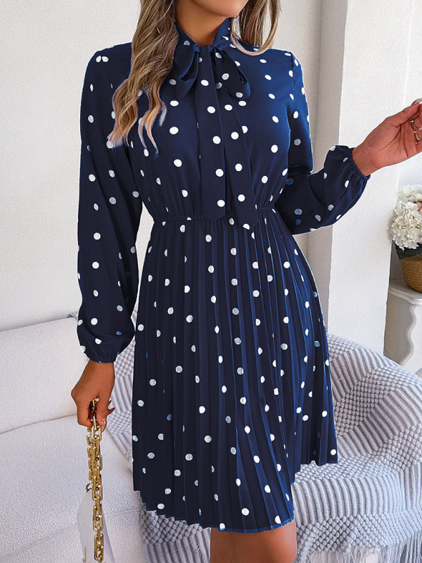 Polka Dot Long-Sleeve Pleated Dress – Lace-Up Waist, Elegant Midi Style