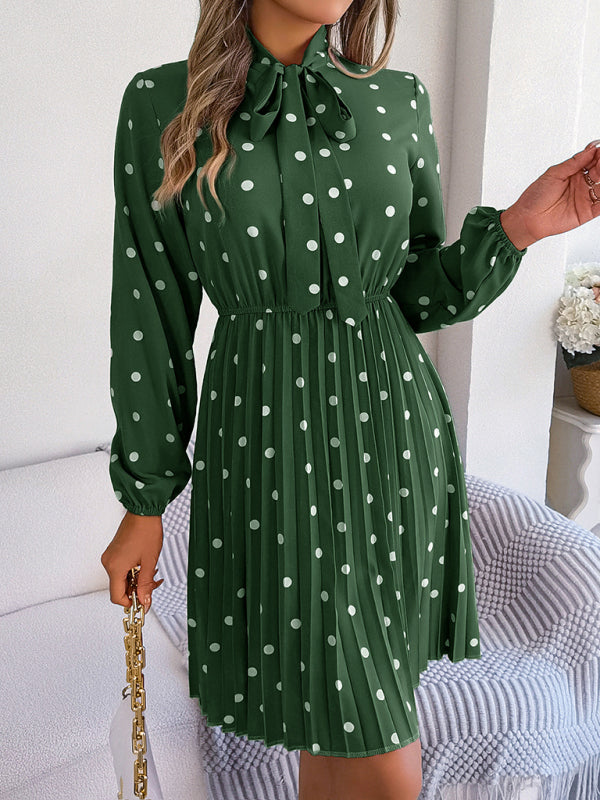 Polka Dot Long-Sleeve Pleated Dress – Lace-Up Waist, Elegant Midi Style