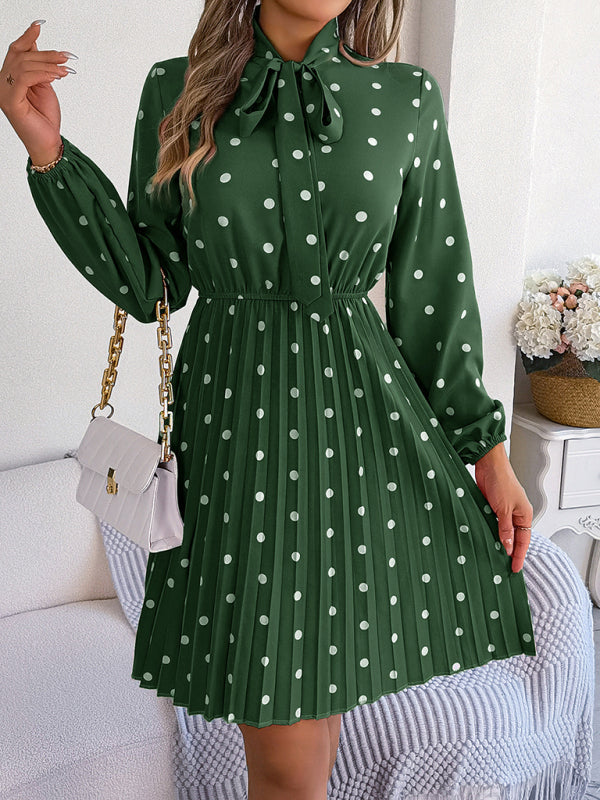 Polka Dot Long-Sleeve Pleated Dress – Lace-Up Waist, Elegant Midi Style