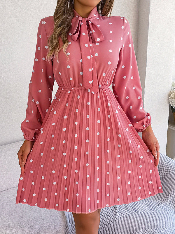 Polka Dot Long-Sleeve Pleated Dress – Lace-Up Waist, Elegant Midi Style