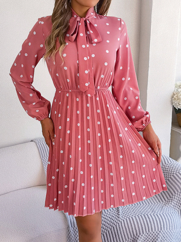 Polka Dot Long-Sleeve Pleated Dress – Lace-Up Waist, Elegant Midi Style