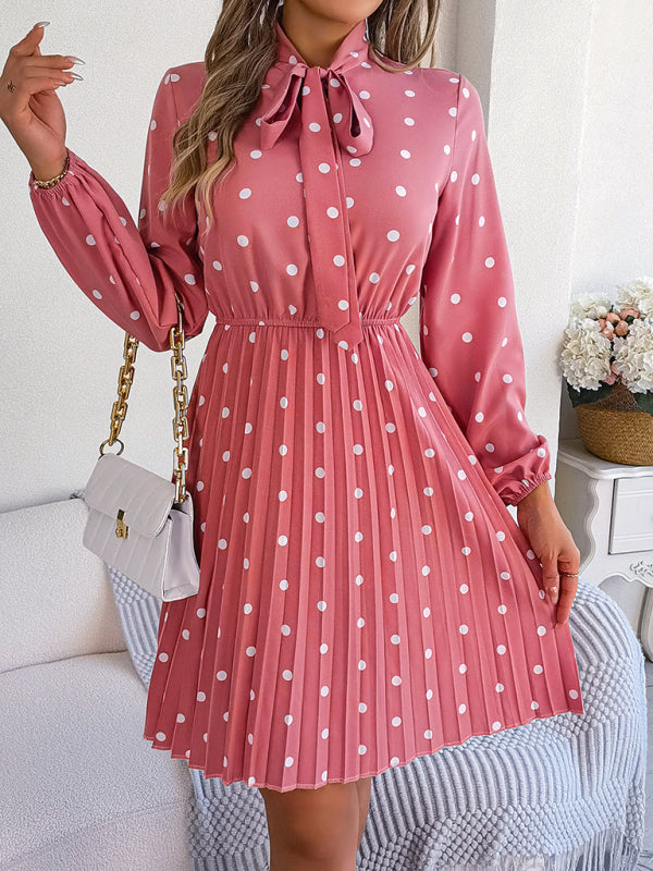 Polka Dot Long-Sleeve Pleated Dress – Lace-Up Waist, Elegant Midi Style