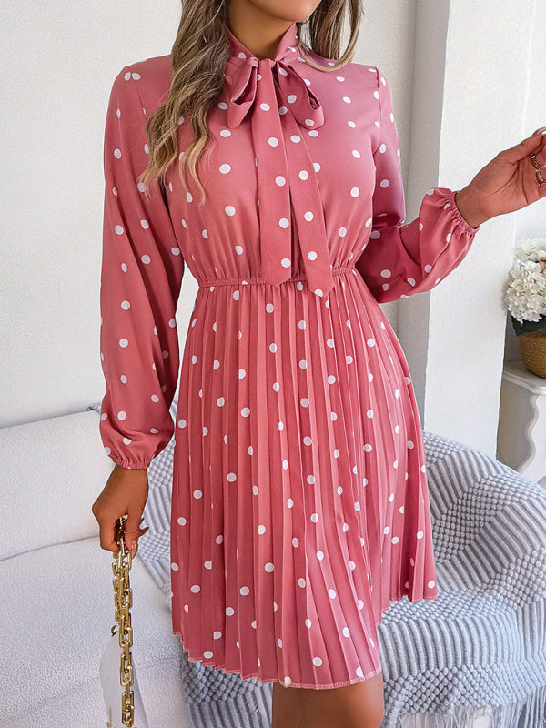 Polka Dot Long-Sleeve Pleated Dress – Lace-Up Waist, Elegant Midi Style