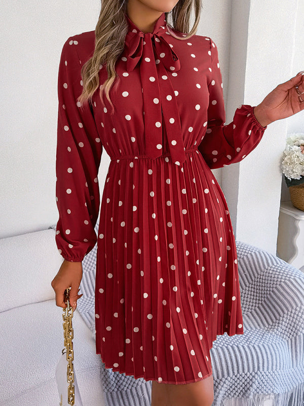 Polka Dot Long-Sleeve Pleated Dress – Lace-Up Waist, Elegant Midi Style