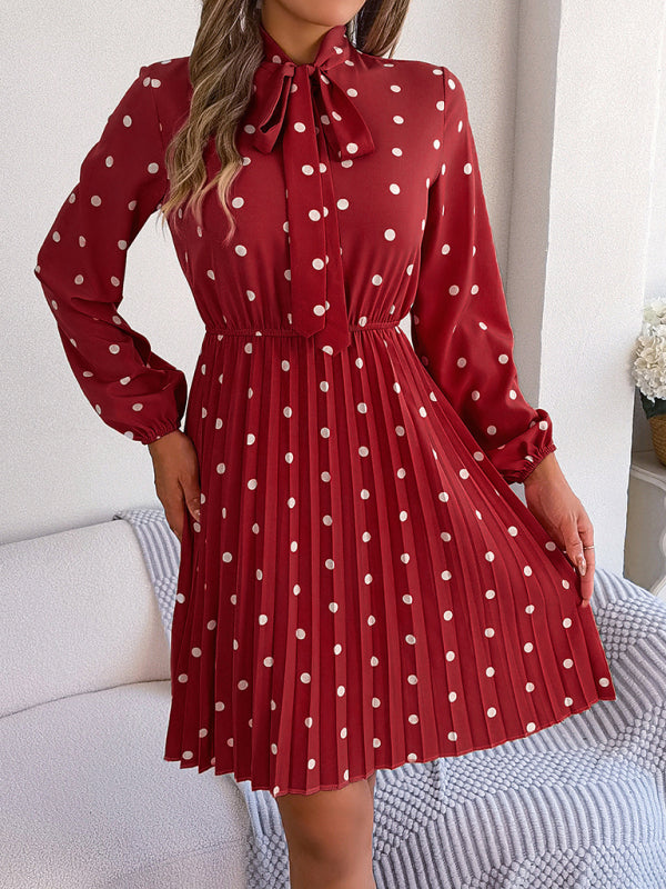 Polka Dot Long-Sleeve Pleated Dress – Lace-Up Waist, Elegant Midi Style