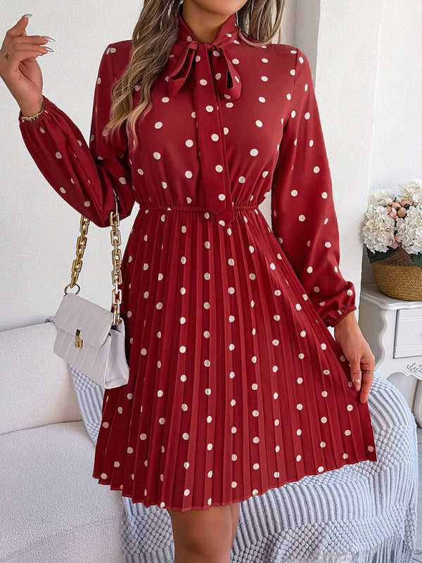 Polka Dot Long-Sleeve Pleated Dress – Lace-Up Waist, Elegant Midi Style