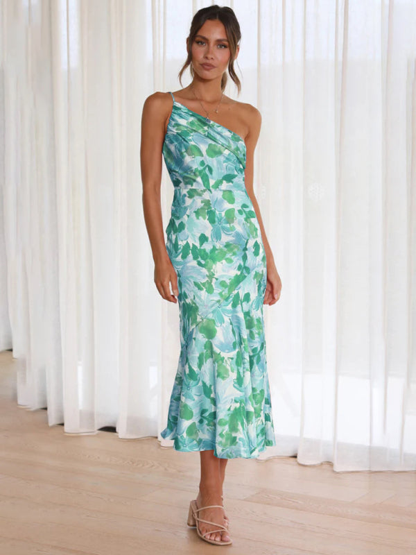 Slant Neck Fishtail Print Dress – Sleeveless, Elegant Spring-Summer Look