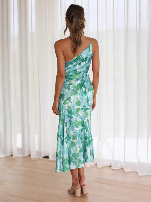 Slant Neck Fishtail Print Dress – Sleeveless, Elegant Spring-Summer Look