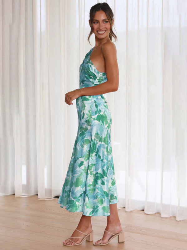 Slant Neck Fishtail Print Dress – Sleeveless, Elegant Spring-Summer Look
