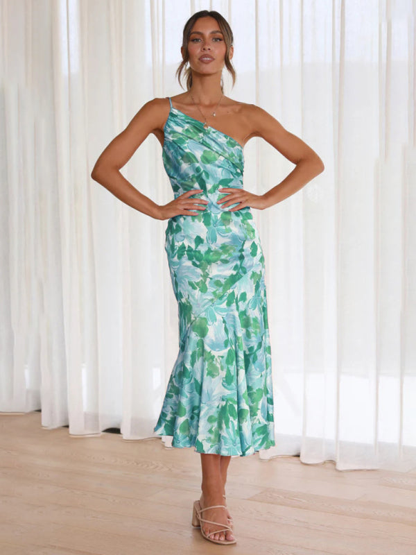 Slant Neck Fishtail Print Dress – Sleeveless, Elegant Spring-Summer Look