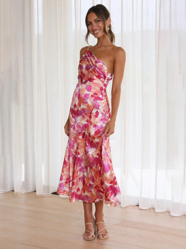 Slant Neck Fishtail Print Dress – Sleeveless, Elegant Spring-Summer Look