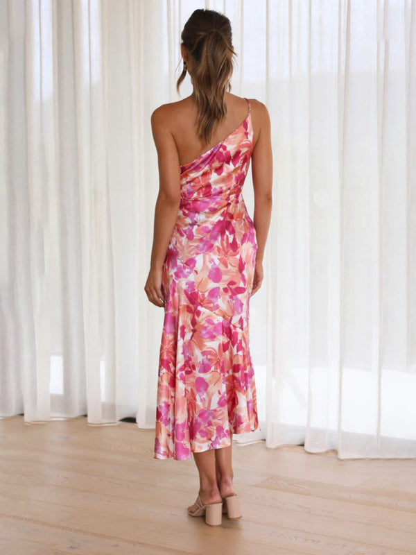 Slant Neck Fishtail Print Dress – Sleeveless, Elegant Spring-Summer Look