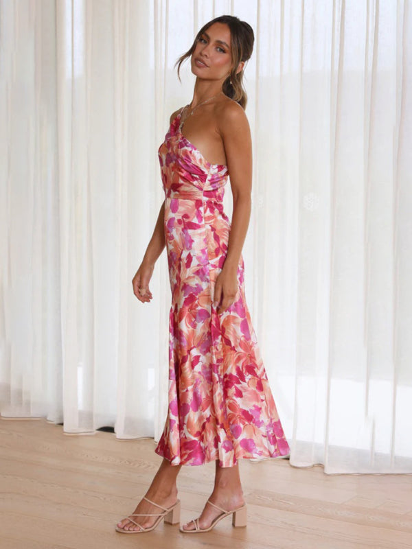 Slant Neck Fishtail Print Dress – Sleeveless, Elegant Spring-Summer Look