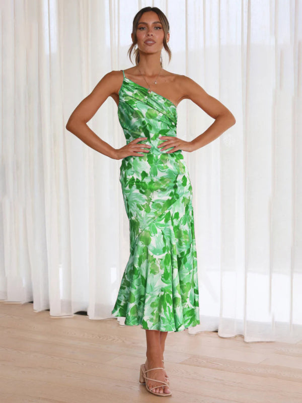 Slant Neck Fishtail Print Dress – Sleeveless, Elegant Spring-Summer Look
